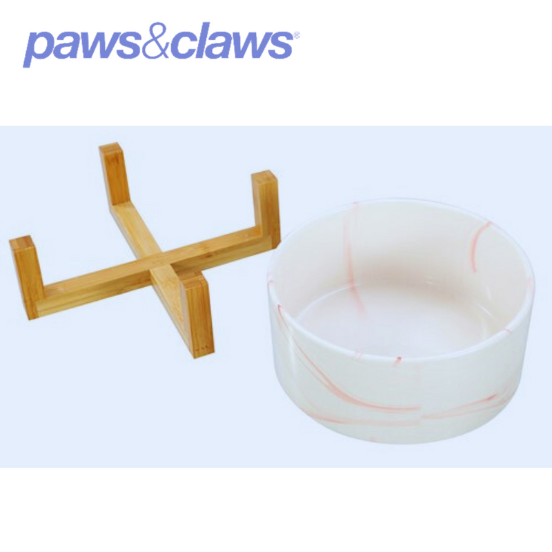 Ceramic Pet Bowl Marble W/ Bamboo Stand 1.8L 2 Asstd 19cm