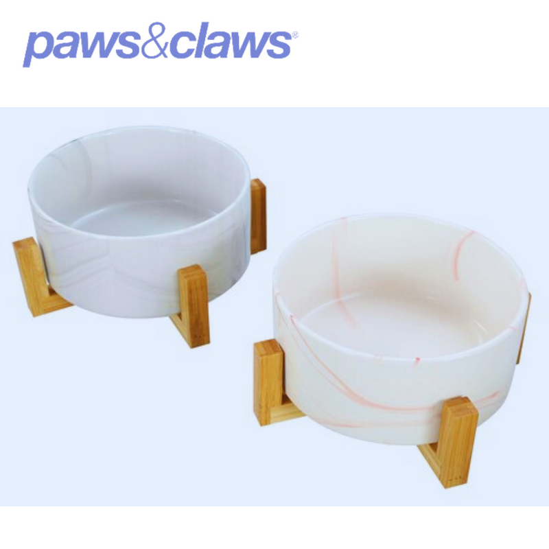 Ceramic Pet Bowl Marble W/ Bamboo Stand 1.8L 2 Asstd 19cm