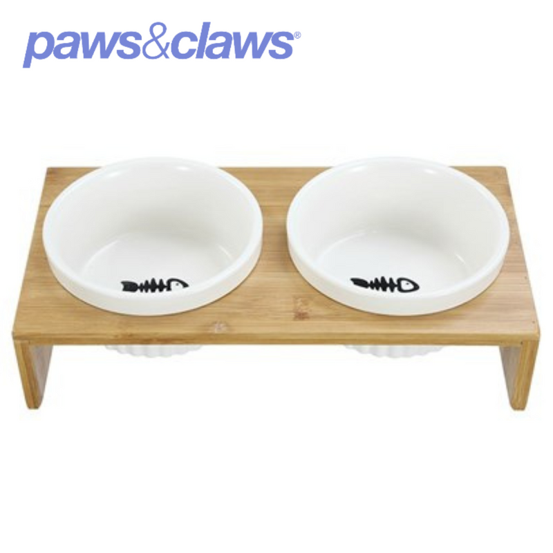 Ceramic Pet Cat Double Bowl Bamboo Base 23.5x12x7cm 300ml