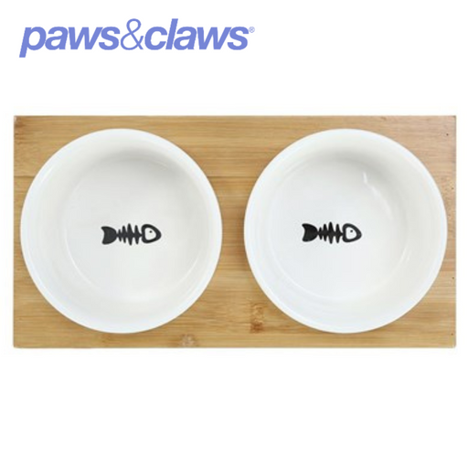 Ceramic Pet Cat Double Bowl Bamboo Base 23.5x12x7cm 300ml