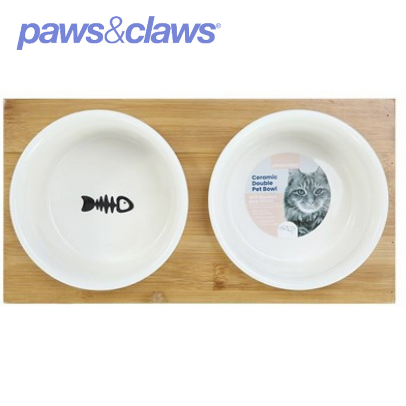 Ceramic Pet Cat Double Bowl Bamboo Base 23.5x12x7cm 300ml