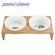 Ceramic Pet Cat Double Bowl Bamboo Base 23.5x12x7cm 300ml