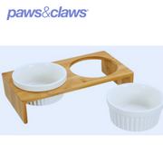 Ceramic Pet Cat Double Bowl Bamboo Base 23.5x12x7cm 300ml