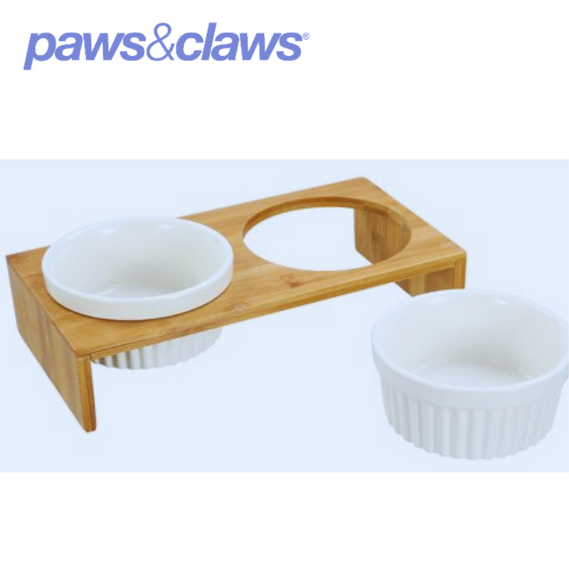 Ceramic Pet Cat Double Bowl Bamboo Base 23.5x12x7cm 300ml