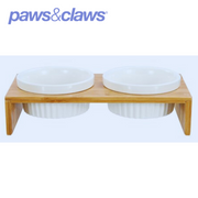 Ceramic Pet Cat Double Bowl Bamboo Base 23.5x12x7cm 300ml