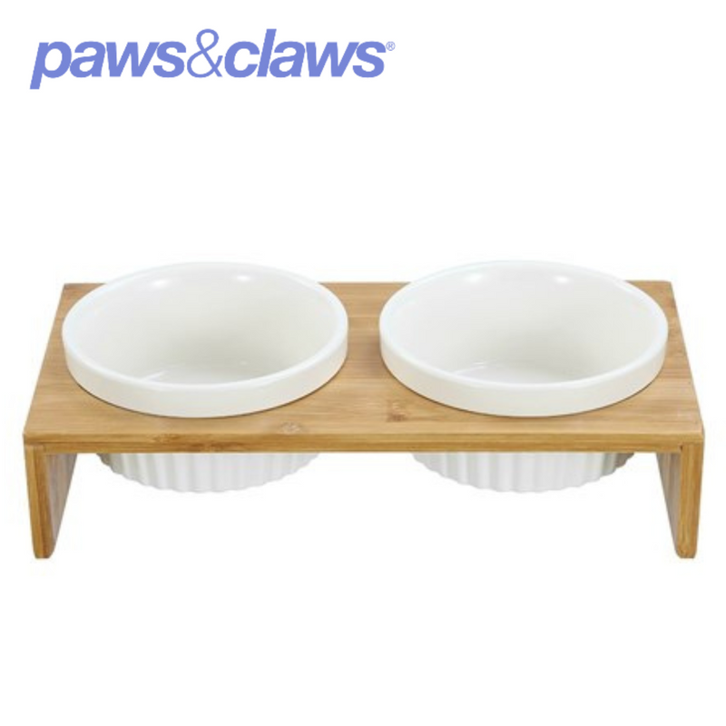 Ceramic Pet Cat Double Bowl Bamboo Base 23.5x12x7cm 300ml
