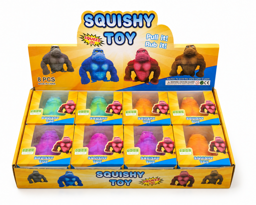 Display box of squishy toys with colorful figures on a white background