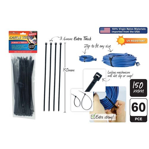 Black cable ties 3.6x150mm 60 piece pack