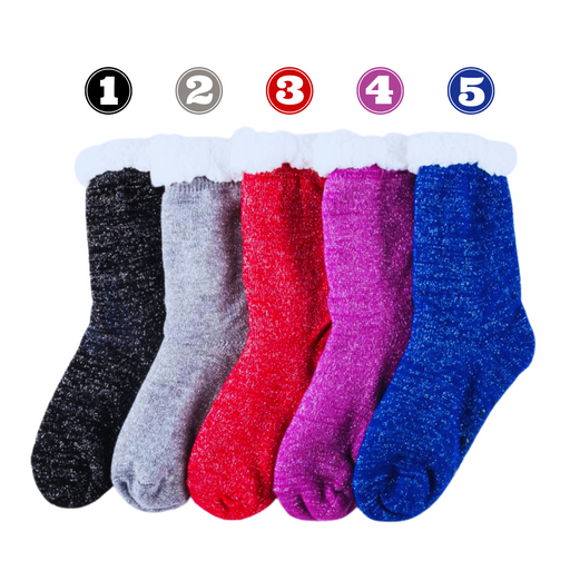 Socks Adults Heat Control Extra Thick Sherpa Lined Anti-Slip Crew Cut Glitter 6 Assorted Colours