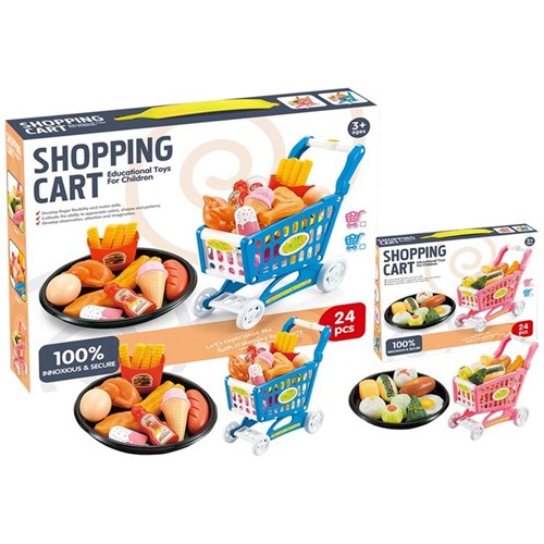 Toy shopping cart with realistic food play accessories for pretend grocery shopping