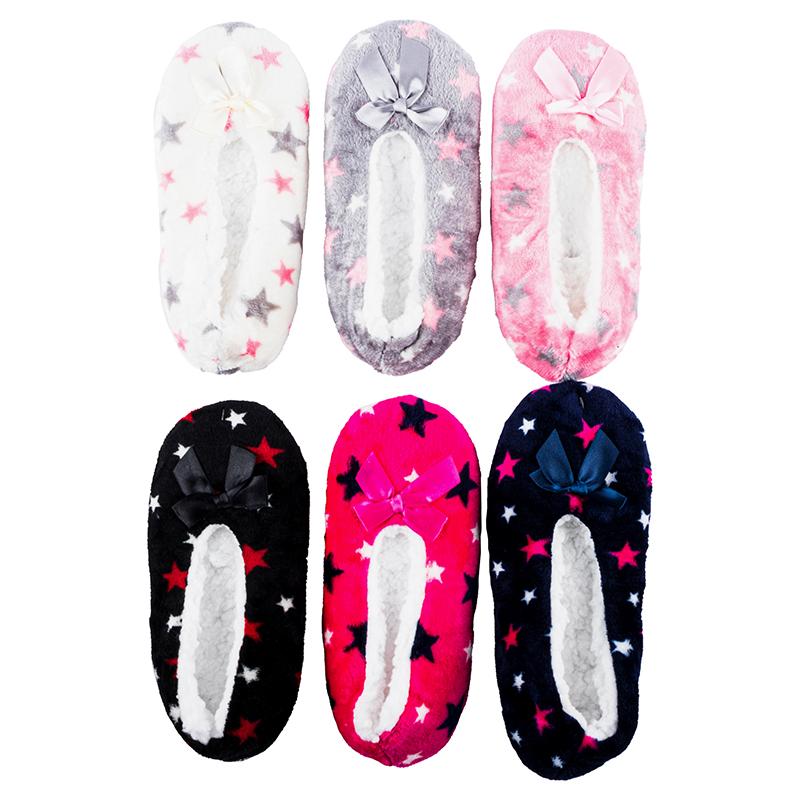 Slippers Womens Footlet Sherpa Lined Stars 6 Assorted Colours 2 Sizes: M,L