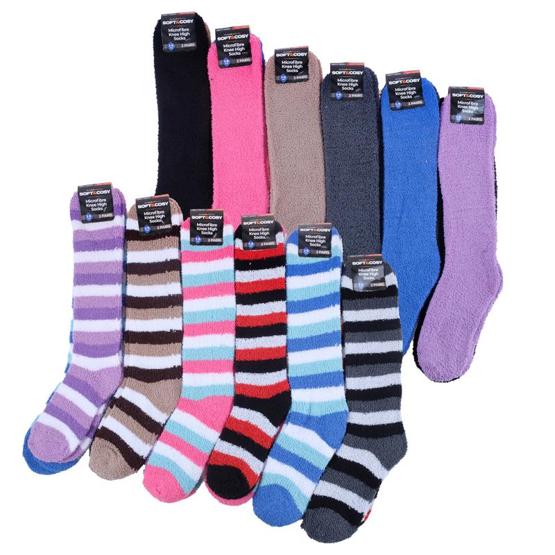 Socks Womens Microfibre Knee High Length Stripe & Plain Colours Assorted 52cm 2pk