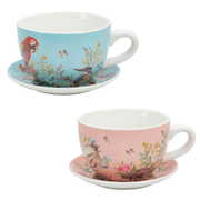 Two ceramic teacups with floral and nature-themed designs on a white background – thumbnail