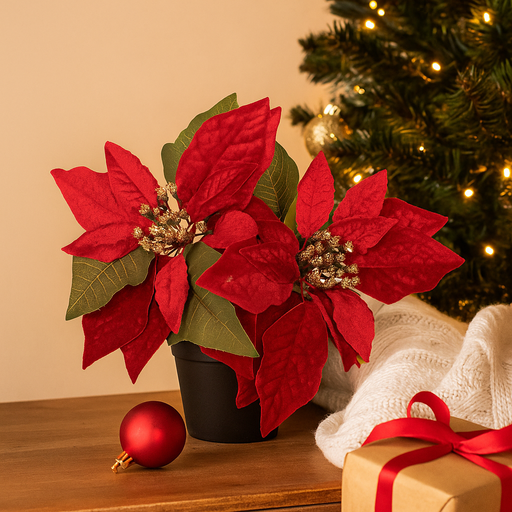 Artificial 2 red poinsettia flowers in pot 25cm Christmas decoration