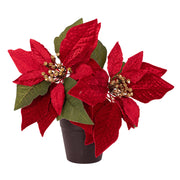 Artificial 2 red poinsettia flowers in pot 25cm Christmas decoration
