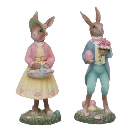 2A POLYRESIN RABBIT HOLDING EGG & FLOWERS 5.2x4.7x12.5CM