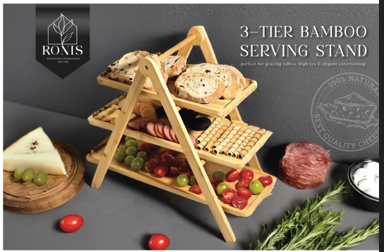 Three-tier bamboo serving stand with food on a gray background, featuring Ronis brand.