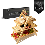 3 tier bamboo cheese board set 40.7x35.5x18cm, tiered serving stand with snacks, Ronis retail box shown – thumbnail