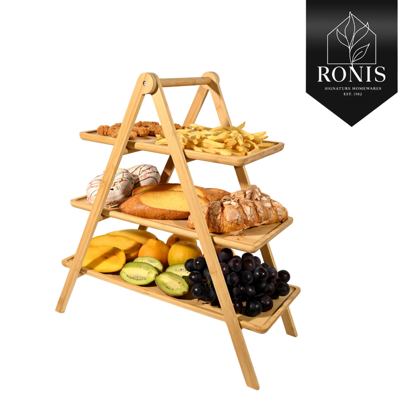 Wooden tiered stand with fruits and bread on a white background, featuring the Ronis Signature Homewares brand.