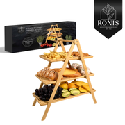 Three-tier bamboo serving stand with food items on a white background, featuring the Ronis Signature Homewares brand. – thumbnail