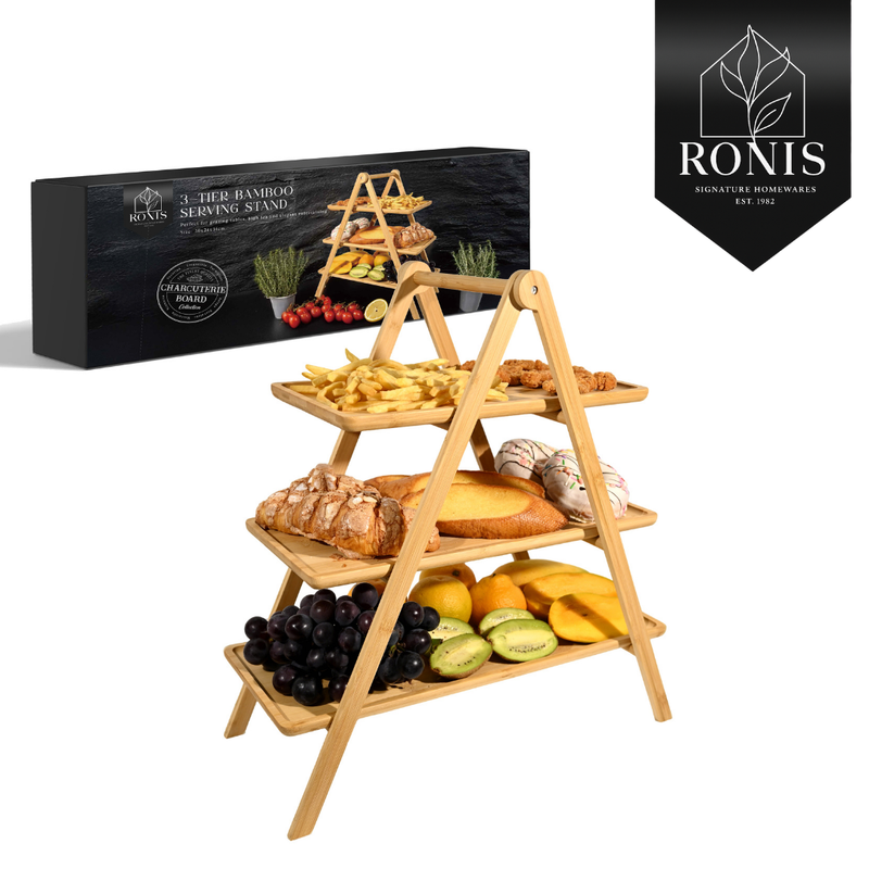 Three-tier bamboo serving stand with food items on a white background, featuring the Ronis Signature Homewares brand.