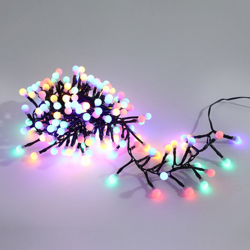 300 LED connectable cluster string lights with multicolour cherry balls on dark cable for festive Christmas décor