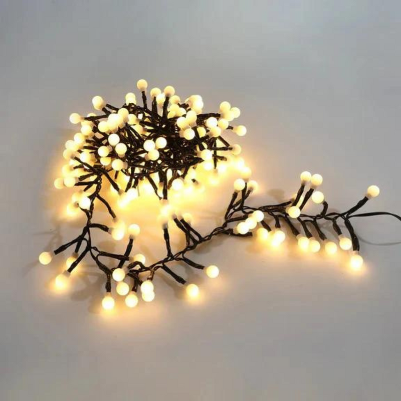 300 LED connectable cluster string lights with warm white cherry balls on dark cable for Christmas décor