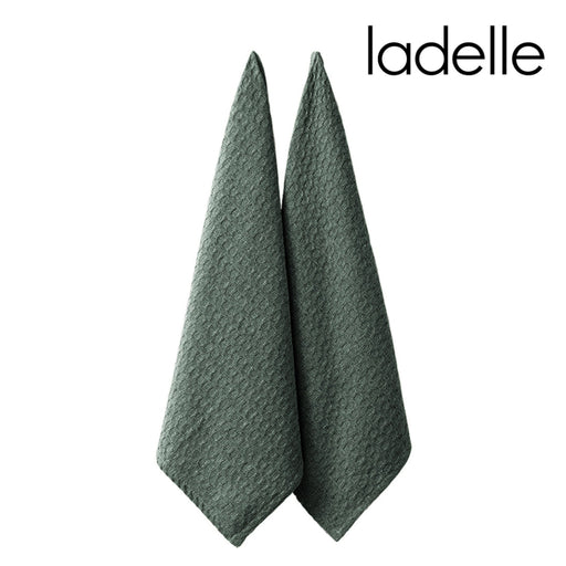 Set of two kitchen towels with green leaf print recycled