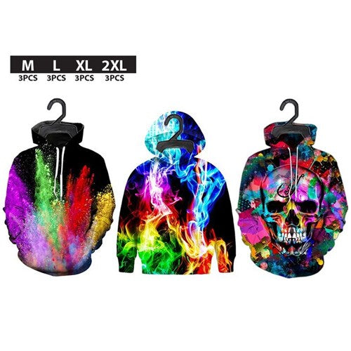 3D digital printed hoodie in assorted Mix B designs, featuring bold all-over prints and a comfortable fit for casual everyday wear.