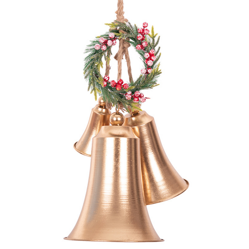Large set of 3 gold metal Christmas bells with decorative wreath, hanging wall or door décor