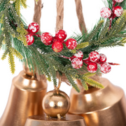 Large set of 3 gold metal Christmas bells with decorative wreath, hanging wall or door décor