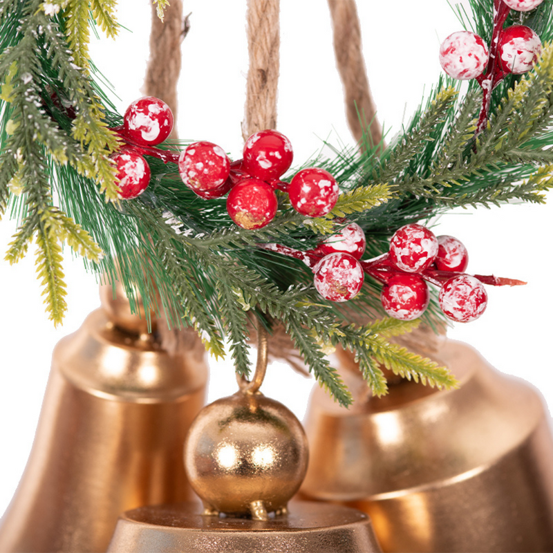 Large set of 3 gold metal Christmas bells with decorative wreath, hanging wall or door décor
