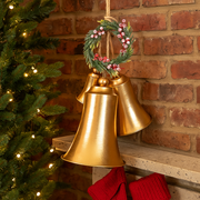 Large set of 3 gold metal Christmas bells with decorative wreath, hanging wall or door décor
