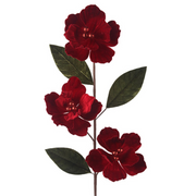 Artificial 3 red magnolia stem with green leaves 73cm Christmas floral decoration