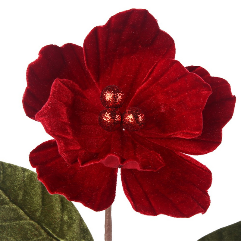 Artificial 3 red magnolia stem with green leaves 73cm Christmas floral decoration