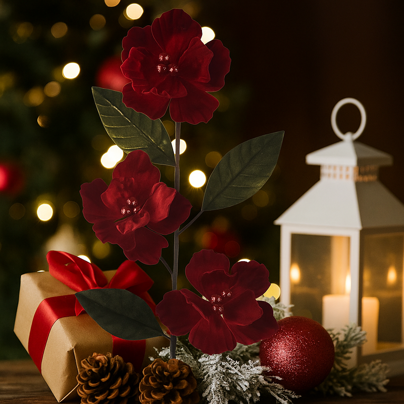 Artificial 3 red magnolia stem with green leaves 73cm Christmas floral decoration