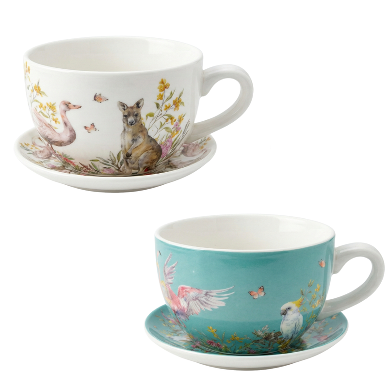 Two teacups with animal-themed designs on a white background