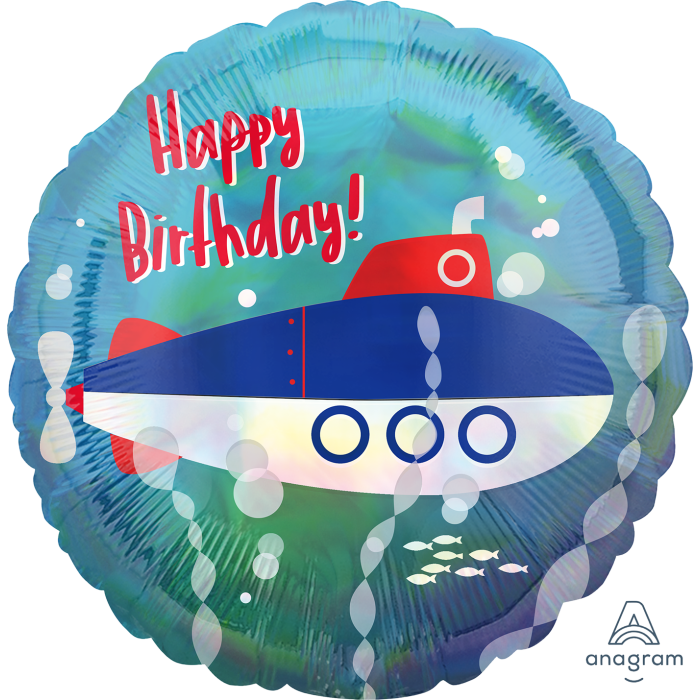 Holo Iridescent Submarine Happy Bday Foil Balloon 45cm