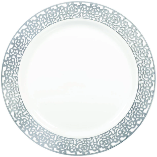 Premium White with Silver Lace Border Round Plastic Plates 19cm 20pk