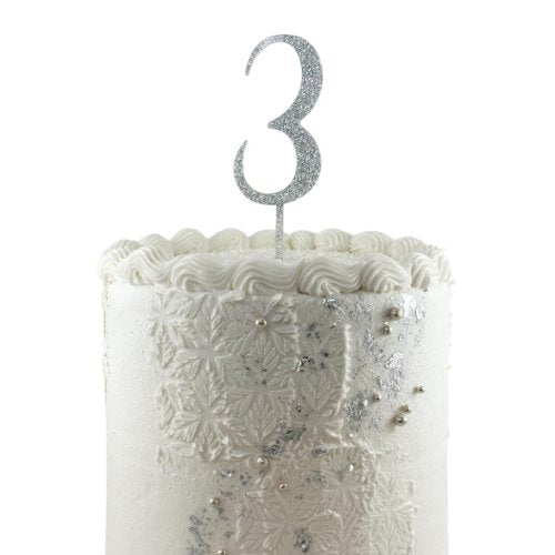 Silver glitter acrylic number 3 cake decoration