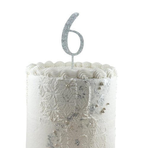 Silver glitter acrylic number 6 cake decoration
