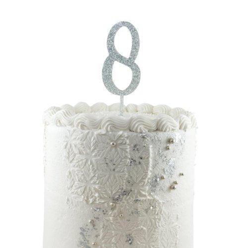 Silver glitter acrylic number 8 cake decoration