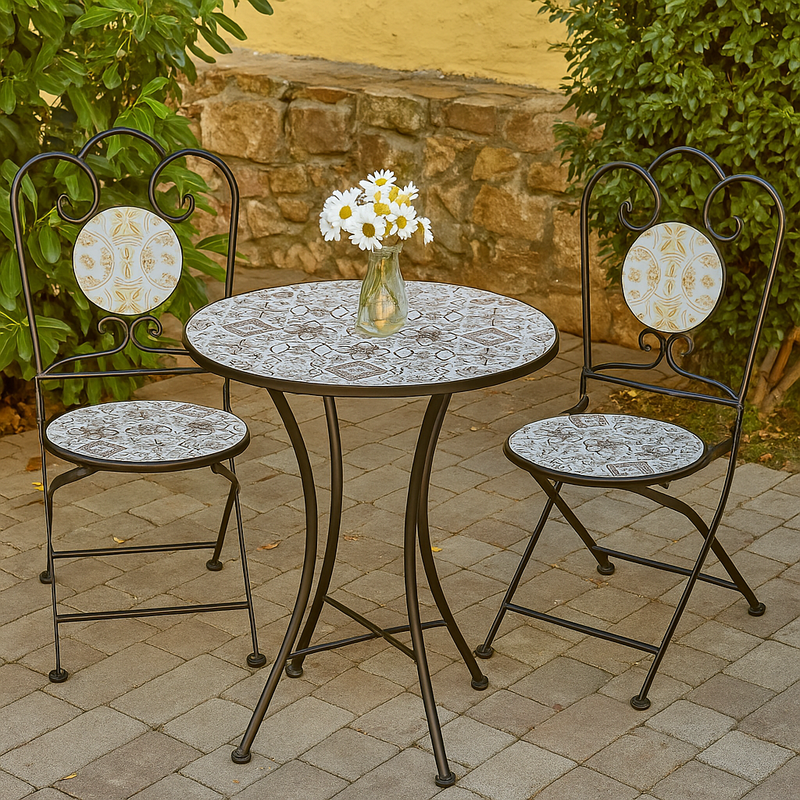 Round Mosaic Bistro Table & Chair Vintage Black & White Pattern Set of 3