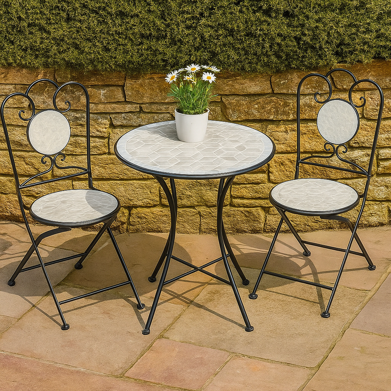 Round Mosaic Bistro Table & Chairs Geometric Grey & White Pattern Set of 3