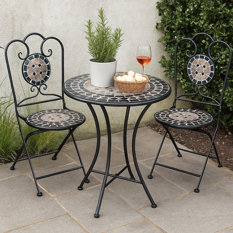 Round Mosaic Bistro Table & Chairs Geometric Black & Brown Pattern Set of 3
