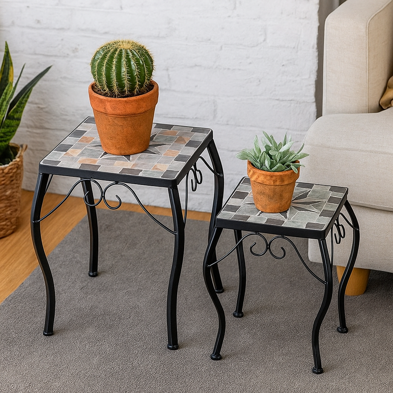 Rectangle Mosaic Plant Stand Rustic Compass Pattern Set of 2