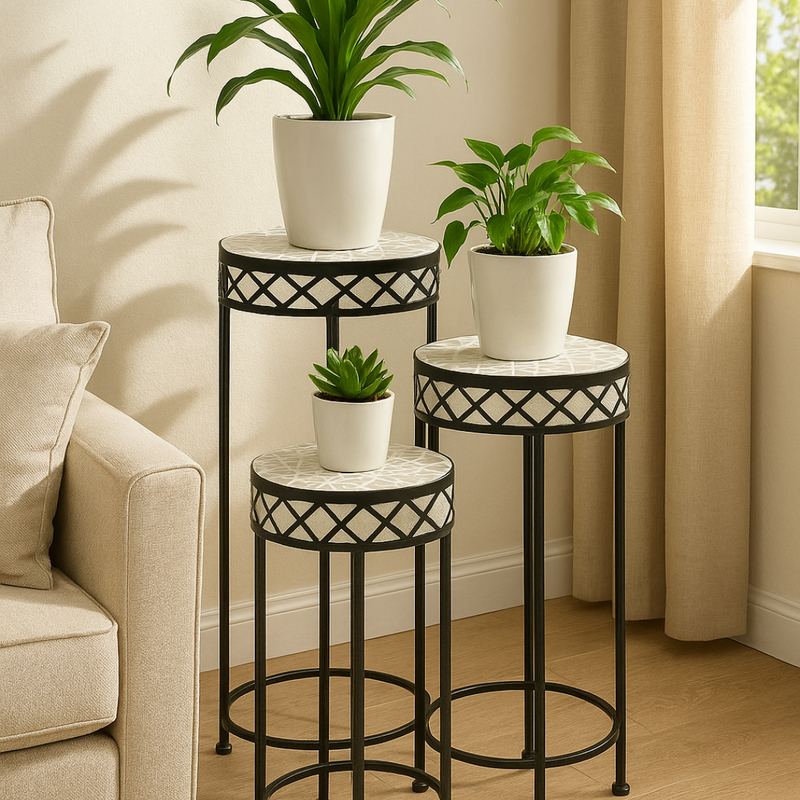 Round Mosaic Plant Stand Geometric Grey & White Pattern Set of 3