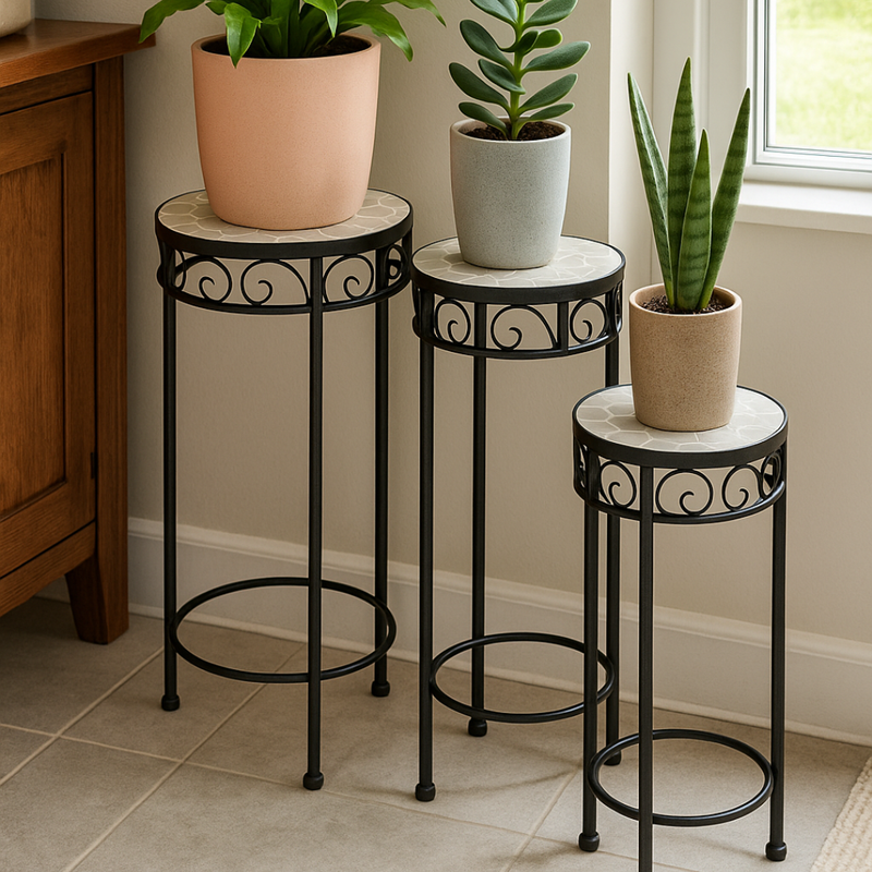 Round Mosaic Plant Stand Geometric Grey & White Pattern Set of 3