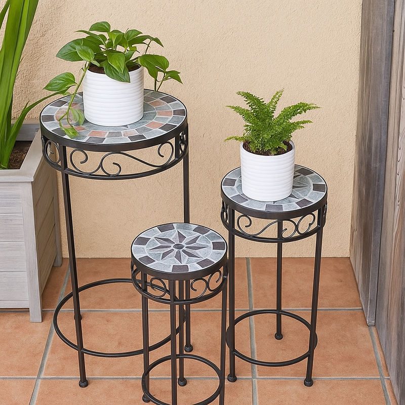 Round Mosaic Plant Stand Rustic Compass Pattern Set of 3