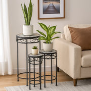 Round Mosaic Plant Stand Rustic Compass Pattern Set of 3 – thumbnail